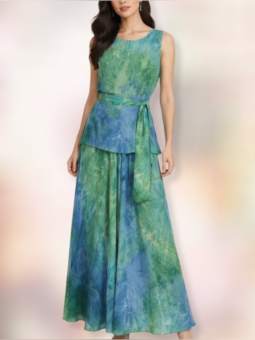 VINTAGE TOP, SKIRT, SCARF SET Blue & Green Watercolor Flowy Chiffon Womens SZ M